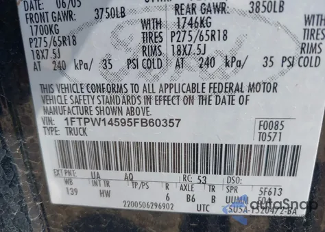 2005 Ford F-150 Fx4/Lariat/Xlt из США, поврежденный, VIN 1FTPW14595FB60357